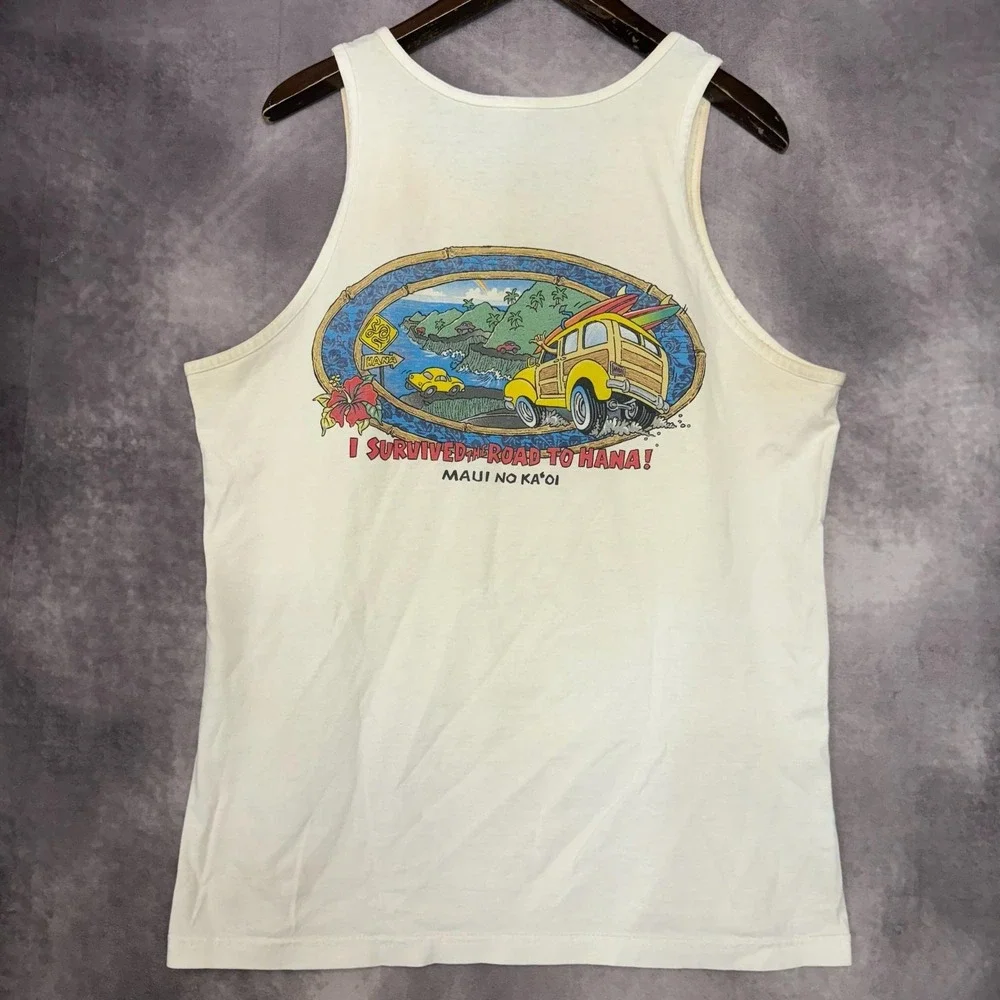 VTG Road to Hana Maui Tank Top Shirt Men's Large White Graphic Hawaii Souvenir